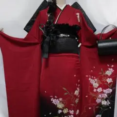 美品】色無地振袖6点セット159cm□赤レッド系正絹成人式前撮りSN32 