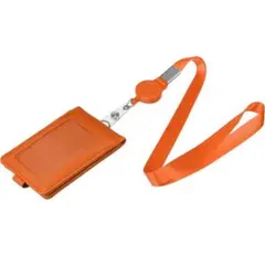 ID バッジホルダー 引き込み式リールストラップ付き PUレザー オレンジ