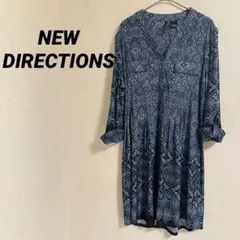 NEW DIRECTIONS 長袖ワンピース 青系 7分袖 おしゃれ ミニ丈