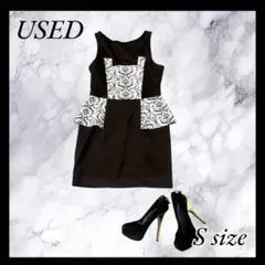 USED ブラックホワイト ペプラムドレス Sサイズ キャバ