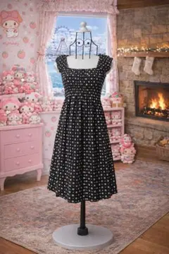 L'EST ROSE／ネイビードット／裾裏地からのレース／ワンピース／管Z9