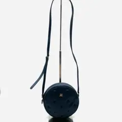 Courregesクレージュラウンドショルダーレザーロゴ型押し美品本革紺金具のサムネイル