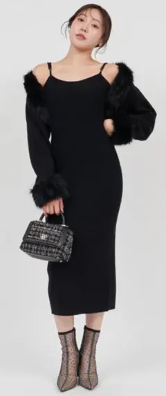 【ROYAL PARTY】ファーボレロ付ニットタイトキャミワンピース ブラック