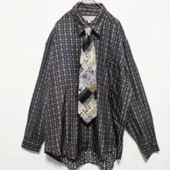 ネクタイシャツ　シルクシャツ　総柄　柄シャツ　シルクネクタイ　ネイビー　Ｍサイズ