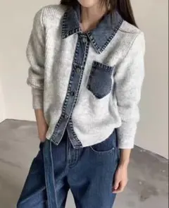 【カナダ様専用】デニム切り替えニットカーディガン| 大人気