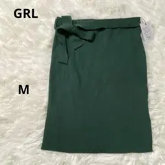 ニットタイトスカート ウエストリボン付き　総ゴム　グリーン　M