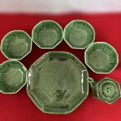 緑釉 織部風 稲穂文様 食器セット 鉢 皿 醤油差し　新品