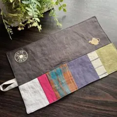 ハンドメイド　刺繍　リネン　カラフルパッチワークキッチンファブリック