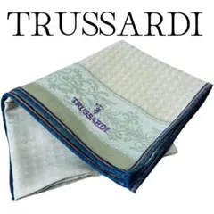 【良品】TRUSSARDI ハンカチ 大判 刺繍 カーキ 総柄 メンズ 綿100のサムネイル