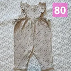 futafuta オーバーオール 80 ベージュ ドット柄 フリル リボン