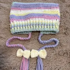 ハンドメイド　レインボー　リボン付き猫耳帽子