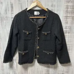 【美品】ツイードジャケット ノーカラー ブラック S フリンジ 金ボタン