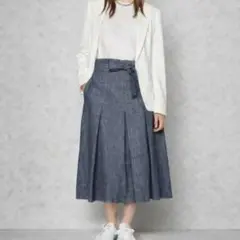 【美品】MaxMara リネン混 プリーツスカート40 デニム地 リボン付き