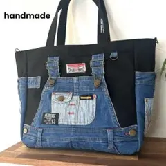 934.ブラック帆布　サイドポケットデニムリメイク　トートバッグ　オーバーオール