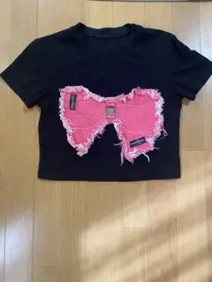 QingNingYouHuo 黒 リボン装飾 半袖Tシャツ