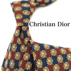 【極美品】ChristianDior ネクタイ 総柄 高貴 レッド ネイビー