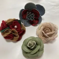 コサージュ、ハンドメイド、デニム生地、フェルト、レザー、4個セット