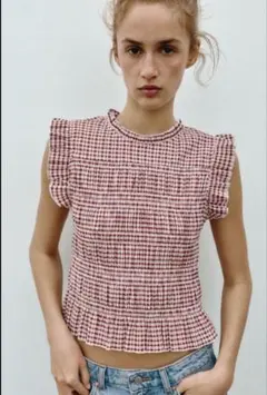 ZARA ギンガムチェック柄スモッキング加エトップス XS - メルカリ