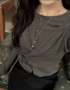 グレー オシャレ　ロンT リボン　長袖トップス Tシャツ　新品未使用　即日発送