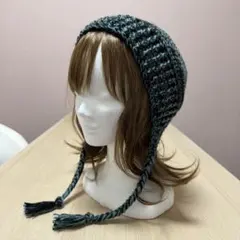 ハンドメイド　ニット帽　黒青　バラクラバ　ボンネット　三つ編み