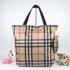 チェック柄トートバッグ 大容量 ポーチ付き、ショッピングバッグ、マミーバッグ