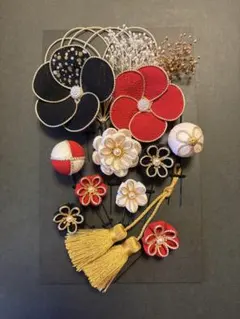 和風ヘアアクセサリーセット 赤黒No,10
