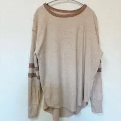 ワッフルニット長袖 M 生成 袖ライン 前後差裾 ラウンドヘム サーマル