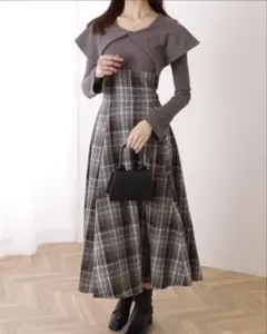 ビッグカラー チェック柄 ドッキング ロング ワンピース