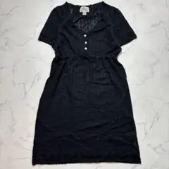 クミキョク　レースワンピース【M】2　ブラック　シアー　透かし編み　半袖　ひざ丈