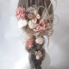 ピンクライム 花ミズキ 髪飾り パールチェーン紐 成人式 結婚式 オシャレ
