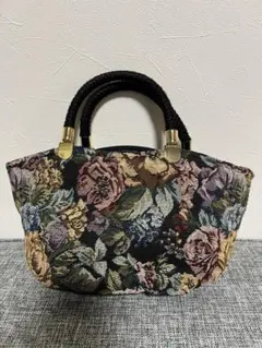 【レトロ】花柄　ゴブラン織　編み込みハンドル　ハンドバック