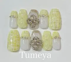 ネイルチップ　黄色　イエロー　ツイード　フレンチ　ガーリー　韓国　ワンホン