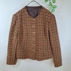レトロ VIVID L ウール混 ノーカラージャケット チェック柄 ヴィンテージ