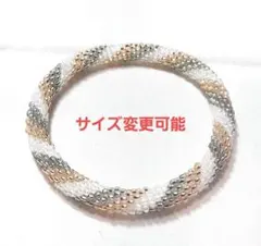 キラキラグレー淡いピンク・クリアのチューブクロッシェブレスレット16cm