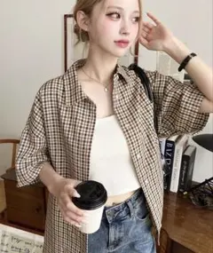 オーバーチェック半袖ルーズシャツ