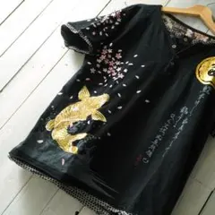 【豪華刺繍】豊天商店 登り鯉 桜吹雪 総刺繍 ヘンリーネック Tシャツ 黒 XLのサムネイル