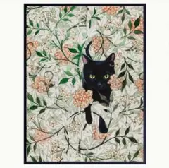 北欧ポスター　アート　黒猫　お花　フラワー　ミッドセンチュリー　カフェ　猫　A3