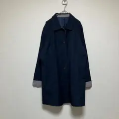 ネイビー ボタン付き トレンチコート　3L チェック柄　青　白　b386