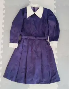 昭和レトロ紫色 長袖 ワンピース ベルト付き(手作り)