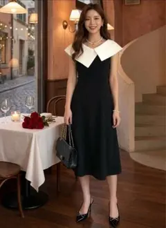 シ*ィ様 上品 ビッグカラー バイカラー ワンピース ブラック 清楚 お呼ばれ