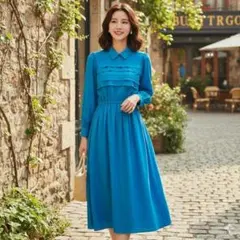 ✨レディース 青色 長袖 フレア ロング ワンピース ヴィンテージ