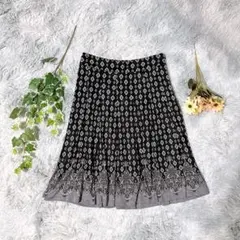 【K.T キヨコタカセ】9号 シルク100% 総柄フレアロングスカート 黒