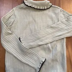 リブ編みフリルタートルネック長袖薄手セーター 薄いグリーン ピスタチオカラー