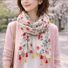 赤大花　春ストール 大判 花柄 タッセル付き 180×88 軽やか優しい肌触り