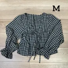 チェック柄 フロントリボン キャンディースリーブブラウス ボレロ長袖 M