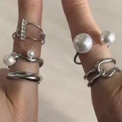 シルバー パール付きリングセット　5個