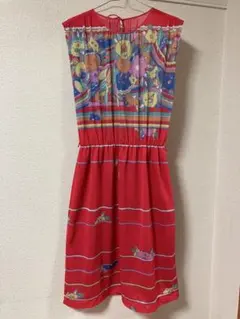 vintage! 赤い花柄ストライプノースリーブワンピース