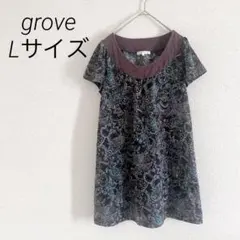 grove半袖ペイズリー柄チュニックL着丈長めシアーラウンドネックのサムネイル