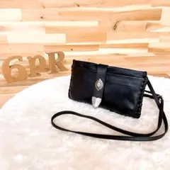 【イアパピヨネ】本革レザー コンチョ ウォレット ミニ ショルダーバッグ 黒×銀