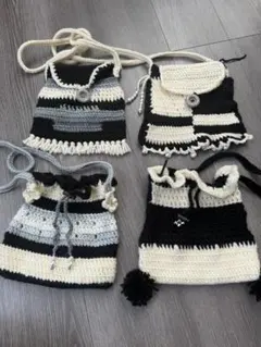 かぎ針編み 黒白ストライプポシェット
